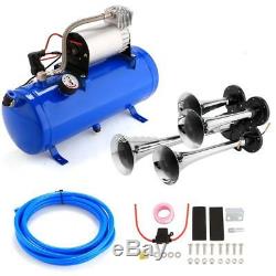 120PSI Car Train Horn Kit Loud 4 Trumpet Air Compressor System Kit Chrome Blue