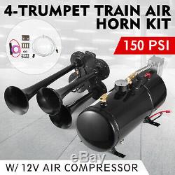 150DB 4 Trumpet Train Horn Kit with 150 PSI Air Compressor for Car Truck Train
