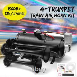 150DB 4 Trumpet Train Horn Kit with 170 PSI Air Compressor for Car Truck Quad
