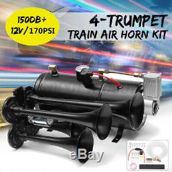 150db Car Truck Train Quad 4 Trumpet Air Horn Kit 170PSI 12V Compressor 3 Liter