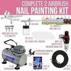 2 AIRBRUSH NAIL SYSTEM KIT with 6 Paint Color Set, Air Compressor Nail Art Stencil