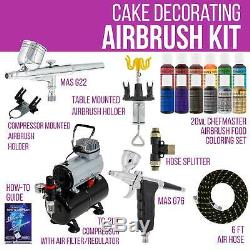 2 Airbrush Cake Decorating Tank Air Compressor Kit 12 Chefmaster Food Colors Set
