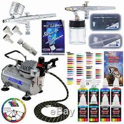 2 Master Airbrush Air Compressor Kit, 6 Primary Acrylic Paint Colors Artist Set