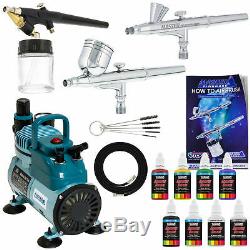 3 Airbrush Kit 6 Primary Color Cool Running Air Compressor Dual-Action Hobby Set