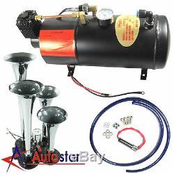 3 Liter 150 PSI 12V Air Compressor and 4 Trumpet Chrome Train Air Horn Truck