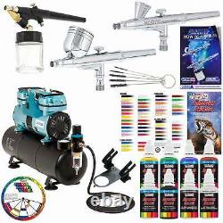3 Master Airbrush 1/4hp Twin-Piston Air Compressor, 6 Color Acrylic Paint Set