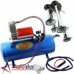 4 Trumpet Air Horn 120PSI Air Compressor 1ft Hose 12V 150dB Train Kit Truck Boat