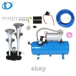 4 Trumpet Air Horn Compressor Kit Blue Tank Gauge For Car Train Truck 12V