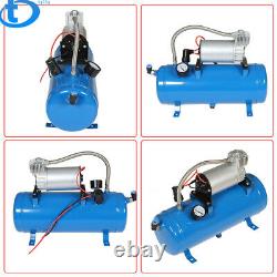 4 Trumpet Air Horn Compressor Kit Blue Tank Gauge For Car Train Truck 12V