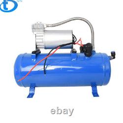 4 Trumpet Air Horn Compressor Kit Blue Tank Gauge For Car Train Truck 12V