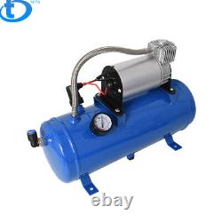 4 Trumpet Air Horn Compressor Kit Blue Tank Gauge For Car Train Truck 12V