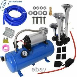 4 Trumpet Air Horn Kit Tank Gauge for Car Train Truck 12V Compressor Blue