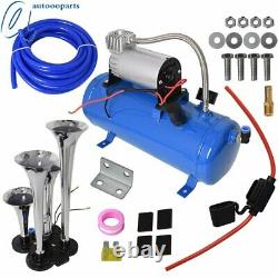 4 Trumpet Air Horn Kit Tank Gauge for Car Train Truck 12V Compressor Blue