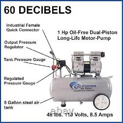 8010,1.0HP QuietOil-FreeAirCompressor, 8GallonSteelTank, LightWheel, 60dBA Noise