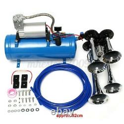 Air Horn 4 Trumpet 12/24 Volt Compressor + Hose 150 dB Train 180 PSI Kit Truck