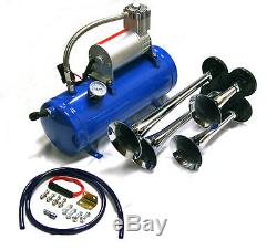 Air Horn 4 Trumpet 12 Volt Compressor + Hose 150 dB Train 120 PSI Kit Truck