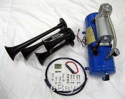 Black 12V 150 DB Quad Trumpet Train Air Horn Kit + 120 PSI Blue Air Compressor