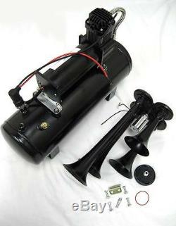 Black 12V 150 DB Quad Trumpet Train Air Horn Kit + 150 PSI Black Air Compressor