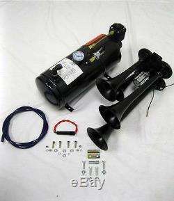 Black Quad 4 Trumpet Train Air Horn Kit + 150PSI Compressor 12v Semi Boat 150dB