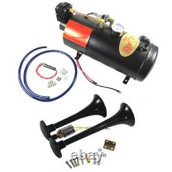 Black Train Horn Kit Loud 2 Trumpet with 120 PSI Air Compressor Complete System