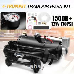 Car Truck Train Quad 4 Trumpet Air Horn Kit 170PSI 150dB 12V Compressor Kit