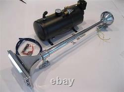 Chrome 150 DB Trumpet LOUD Train Semi Boat Air Horn Kit 24 Long w Compressor