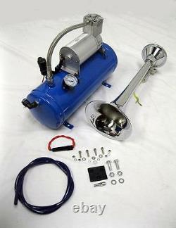 Chrome Metal 150 DB Single Trumpet LOUD Train Air Horn Kit 17 w Blue Compressor