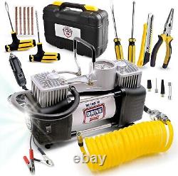 Complete 12V Tire Repair and Air Compressor Kit with Hose and Adaptors 150 PSI
