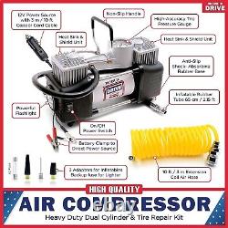 Complete 12V Tire Repair and Air Compressor Kit with Hose and Adaptors 150 PSI