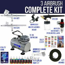 Master 3 Airbrush, Air Compressor & Hose Kit, 6 Primary Colors Acrylic Paint Set
