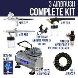 Master 3 Airbrush Air Compressor Kit, Hobby, Auto, Cake Tattoo Tanning Art Paint