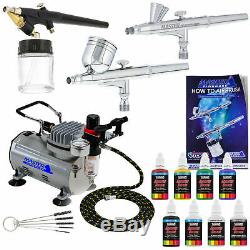 Master 3 Airbrush, Air Compressor Kit, Holder 6 Primary Colors Acrylic Paint Set
