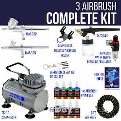 Master 3 Airbrush, Air Compressor Kit, Holder 6 Primary Colors Acrylic Paint Set