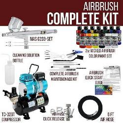 Master Airbrush Air Compressor Kit 3 Tip Airbrush 12 Createx Wicked Paint Colors