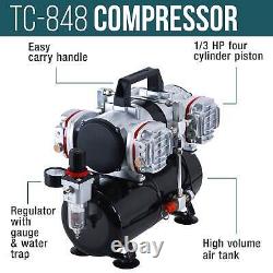 PRO SET 3 Tips. 3.5.8 Siphon Dual-Action Airbrush Kit 4 Piston Air Compressor