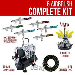 Pro 6 AIRBRUSH SET KIT with Twin Piston Air Compressor Holder Hobby T Shirt Tattoo