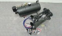 Quad 4 Air Train Horn Kit Semi Truck Boat BLACK Horns + 120 PSI Compressor 12v