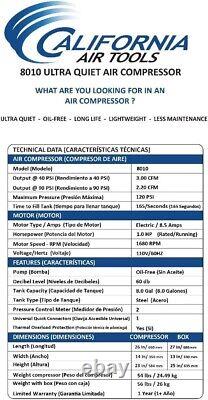 1.0 HP Compresseur d'air sans huile 8 gal Kit de roues et filtre à air Ultra