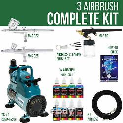 3 Kit Airbrush 6 Couleur Primaire Courante Fraîche Compresseur D'air À Double Action Set Hobby