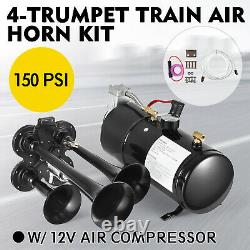 4 Trumpet Train Air Horn Kit Avec Compresseur D’air 12v 150 Psi Pour Train De Camion De Voiture