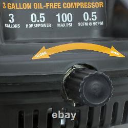 Compresseur d'air sans huile portable de 3 gallons avec tuyau d'air et kit d'inflation de 11 pièces.