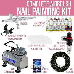 Nail Art Airbrush Kit-set-air Compresseur-peinture-20pk Stencil Design Dual Action