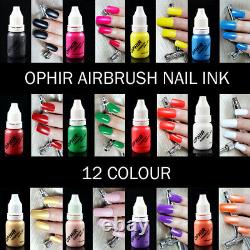 Ophir Nail Airbrush Kit D'alimentation D'air Brosse Compresseur Avec 12x Encres À Ongles Pour Ongles